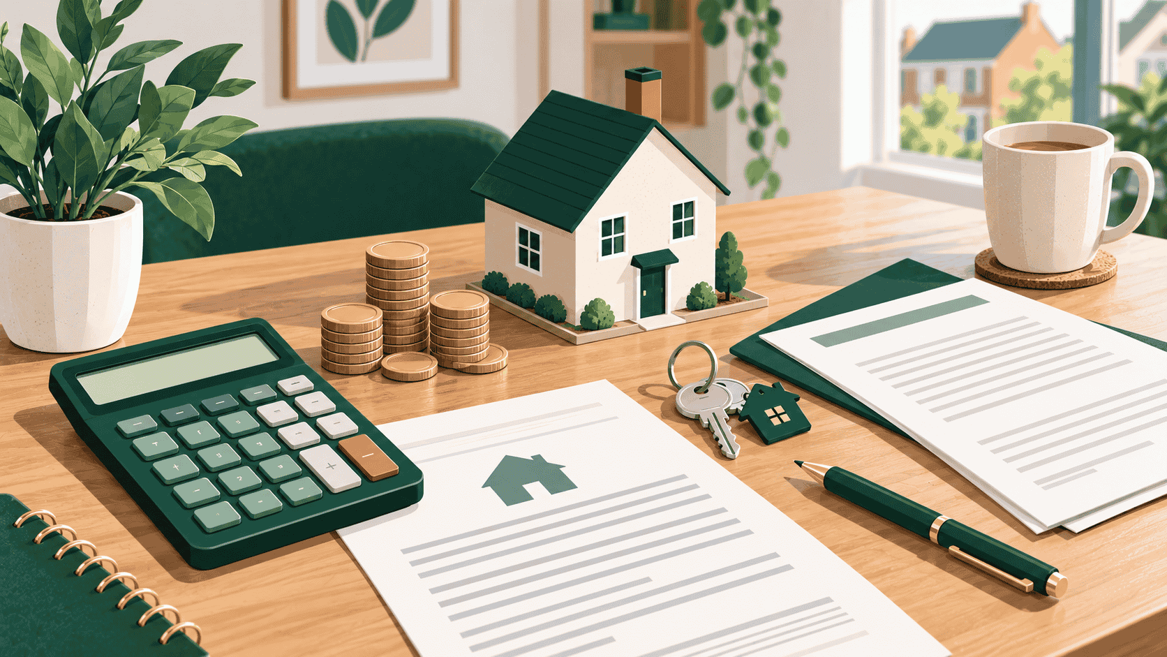 Calculator, coins and house purchase documents representing the cost of buying a home