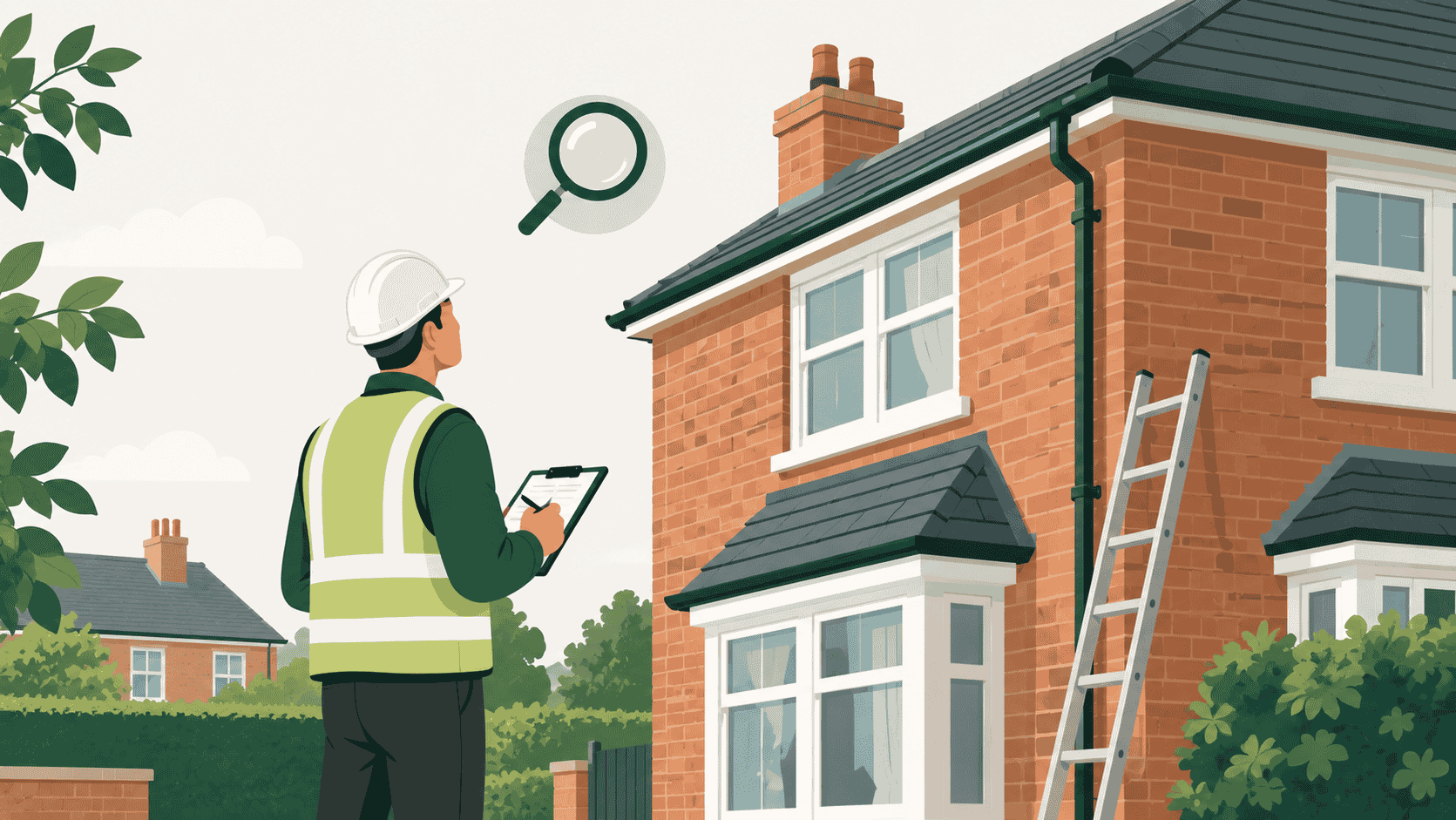 Surveyor inspecting the brickwork and roofline of a British semi-detached house
